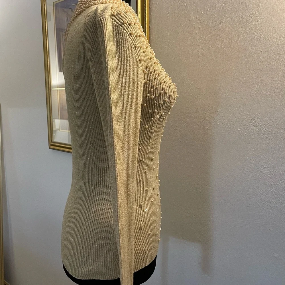 Belldini Light Gold Silk Metallic Sweater with Pearl Accents Stunning -OS ✨✨ - Picture 4 of 9